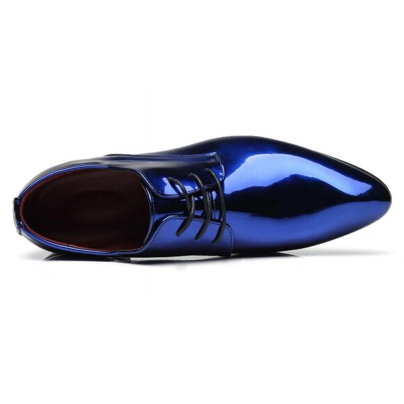 Santimon Men's US 11 Patent Leather Shiny Blue Oxford Shoes Pointed Toe Lace Up - Picture 4 of 11